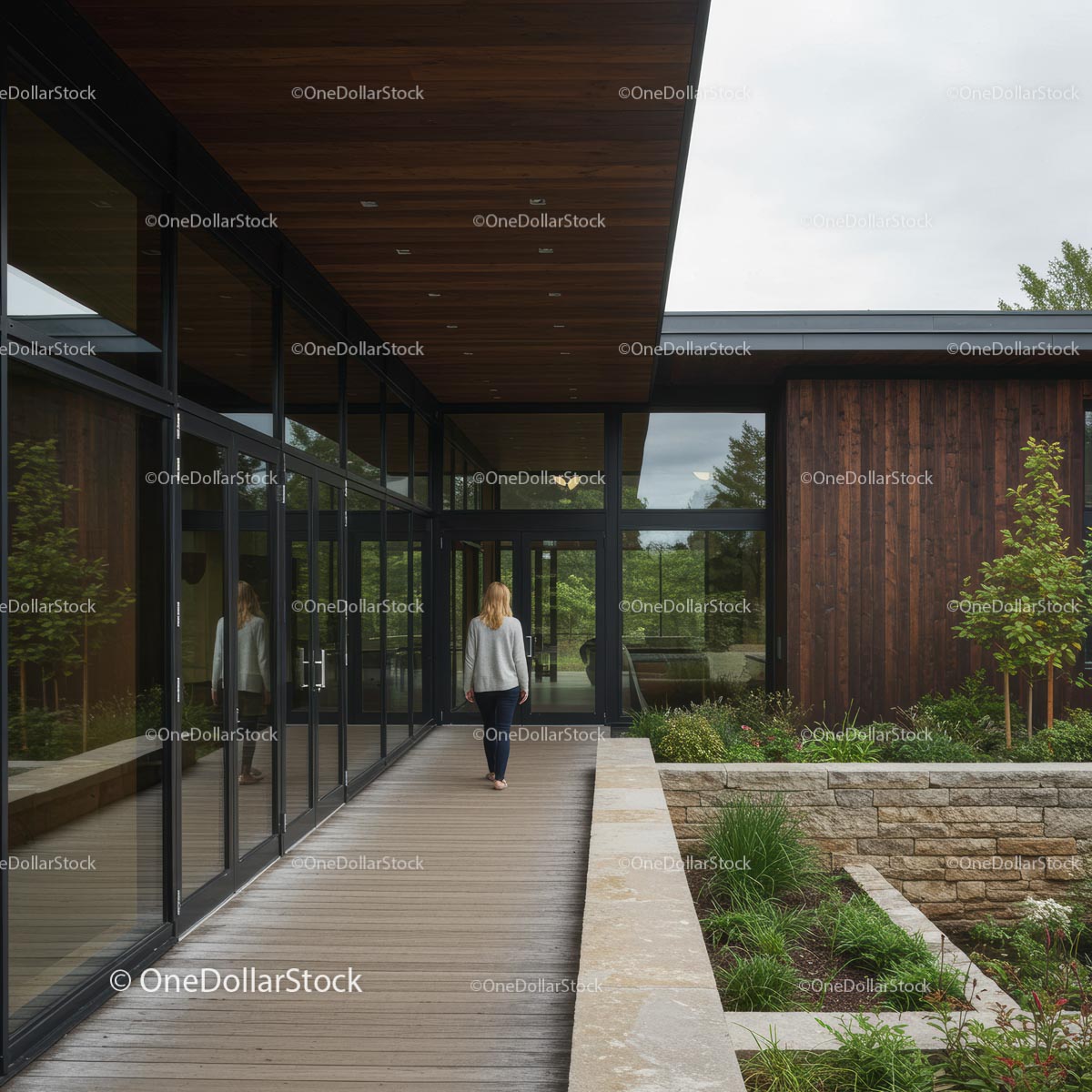 Modern Office Building with Wooden Exterior and Lush Garden