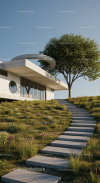 Modern Concrete House with Path in Grassy Landscape