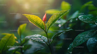 Closeup of Fresh Green Leaves with Dewdrops in Morning Light