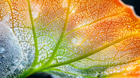 Kolorowy liść z kroplami rosy w fotografii makro