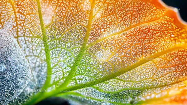 Kolorowy liść z kroplami rosy w fotografii makro