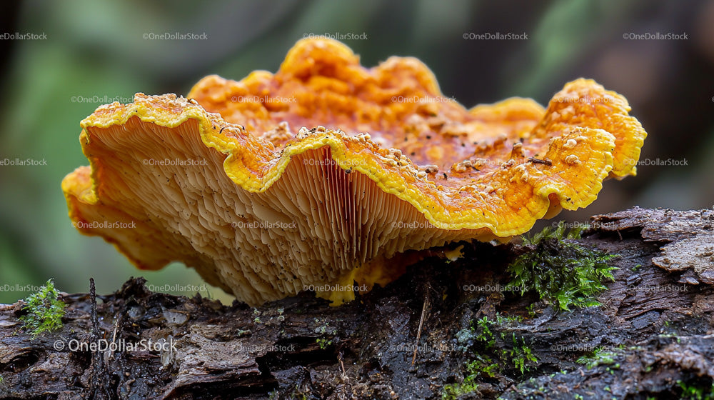 Vibrant Orange Mushroom on Mossy Log in Forest