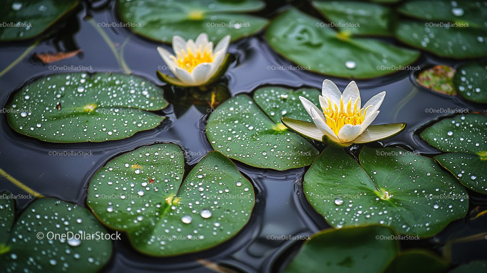 Bright Water Lilies with Dew on Green Leaves