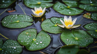 Bright Water Lilies with Dew on Green Leaves