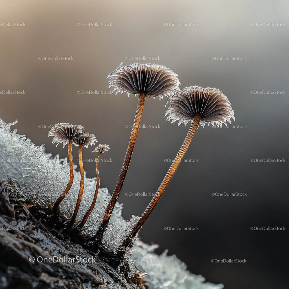 Frosty Mushrooms with Delicate Ice Crystals