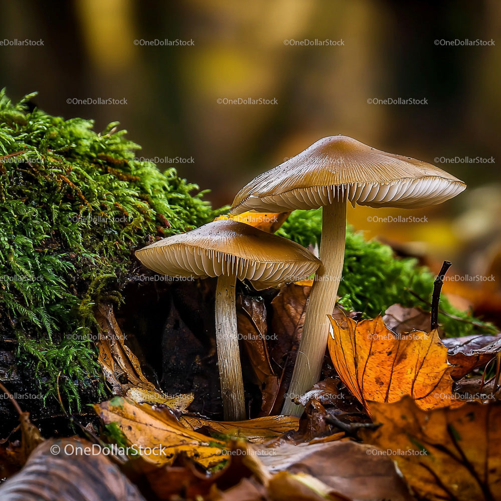 Two Mushrooms on a Mossy Forest Floor with Autumn Leaves