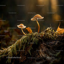 Delicate Mushrooms Growing in Lush Mossy Forest