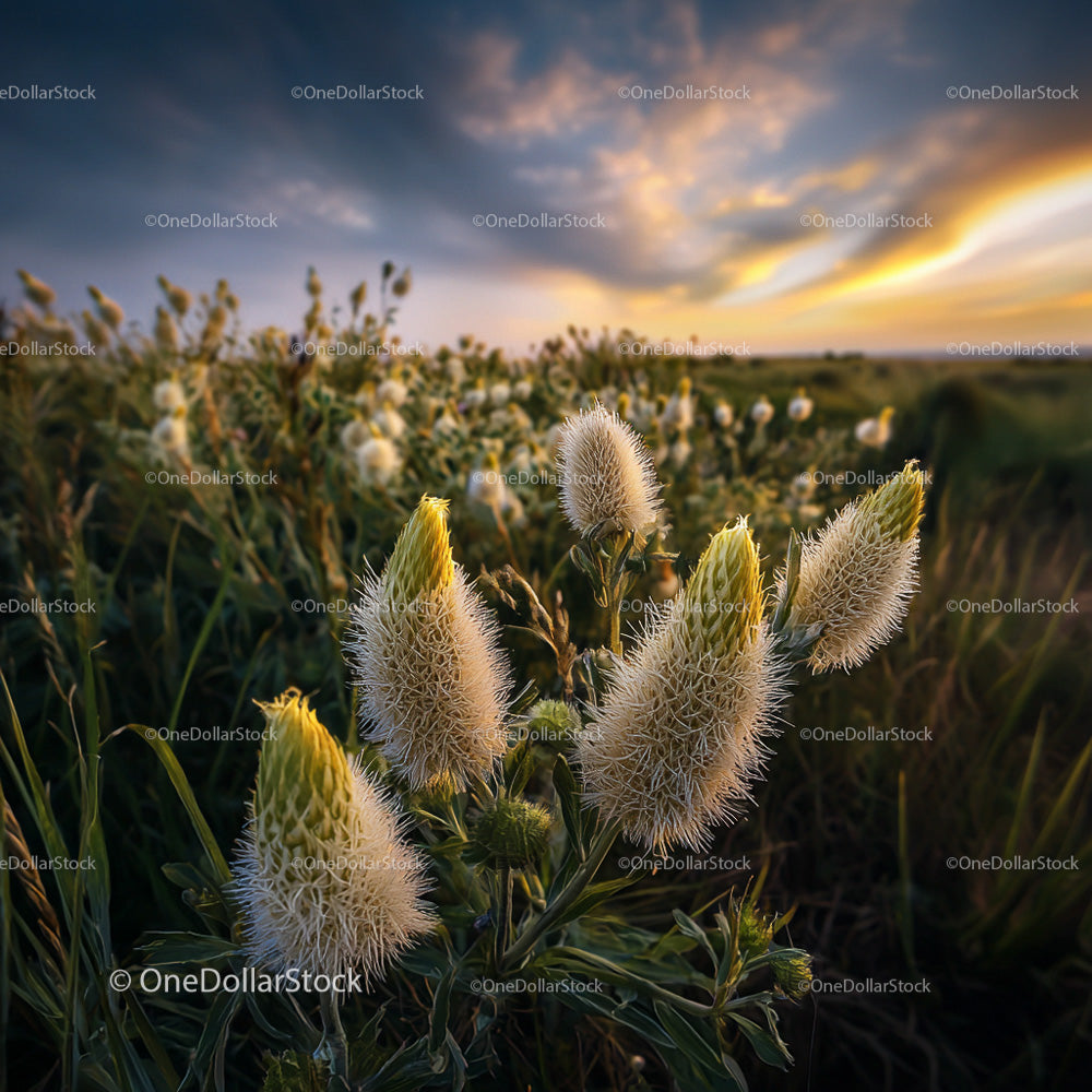 Fluffy Plants in Golden Sunset with Dramatic Sky