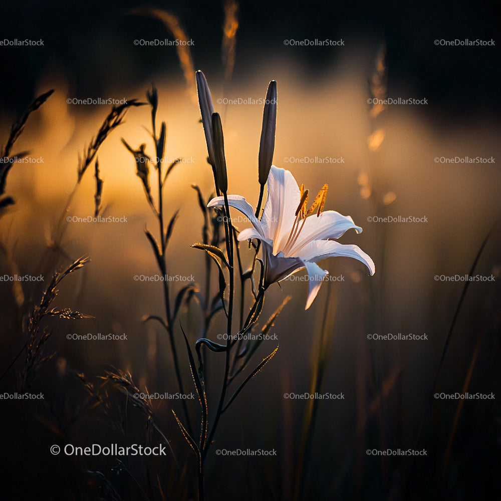 White Lily Illuminated by Golden Evening Light
