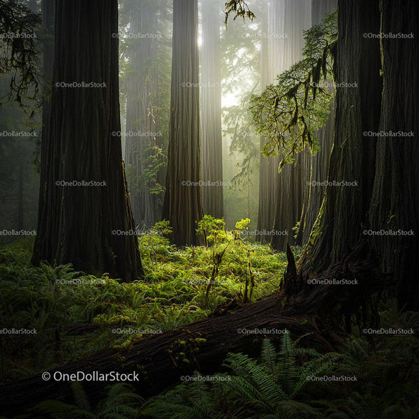 Mystical Forest with Towering Redwoods and Lush Ferns