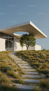 Contemporary Concrete House with Tree and Circular Roof