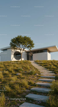 Contemporary Hilltop House with Green Lawn and Tree