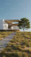 Modern Minimalist House with Open Landscape and Blue Sky