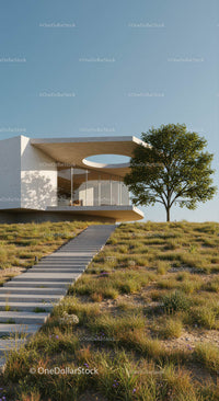 Modern Minimalist House with Open Landscape and Blue Sky