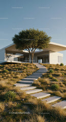 Minimalist House with Concrete Steps and Lush Green Surroundings