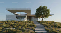 Modern Concrete House with Tree and Green Landscape