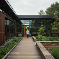 Woman Walking by Modern Glass Building Surrounded by Greenery