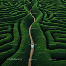 Solitary Figure Walking Through Green Hedge Maze