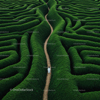 Solitary Figure Walking Through Green Hedge Maze