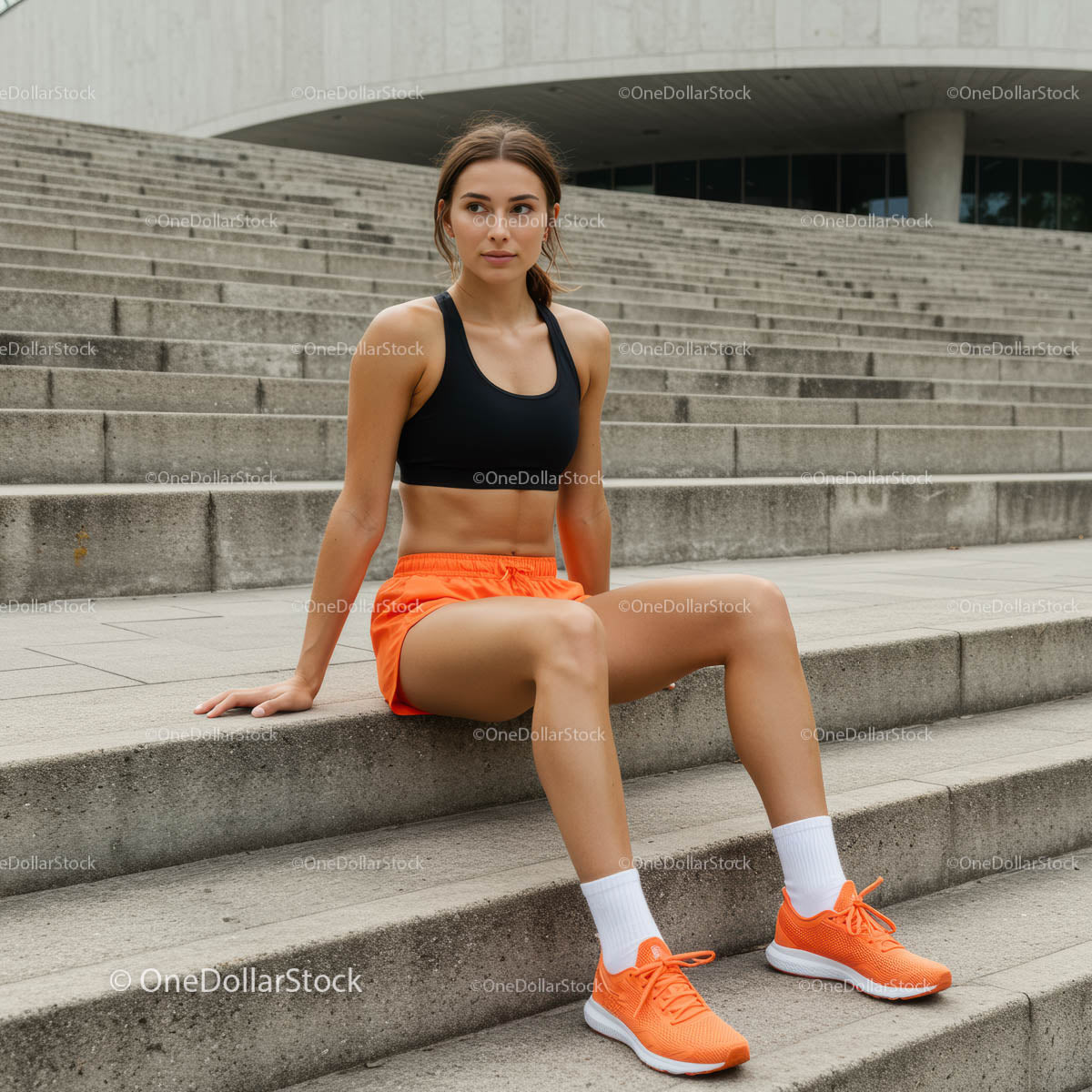 Sportowa kobieta w pomarańczowych spodenkach siedząca na miejskich schodach