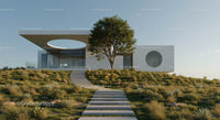 Modern Minimalist House with Tree in Grassy Landscape