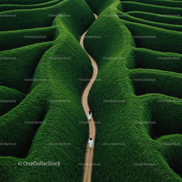 Aerial View of Lush Green Maze with Winding Path