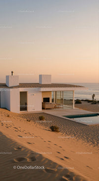 Modern Beachfront House at Sunset with Desert Scenery
