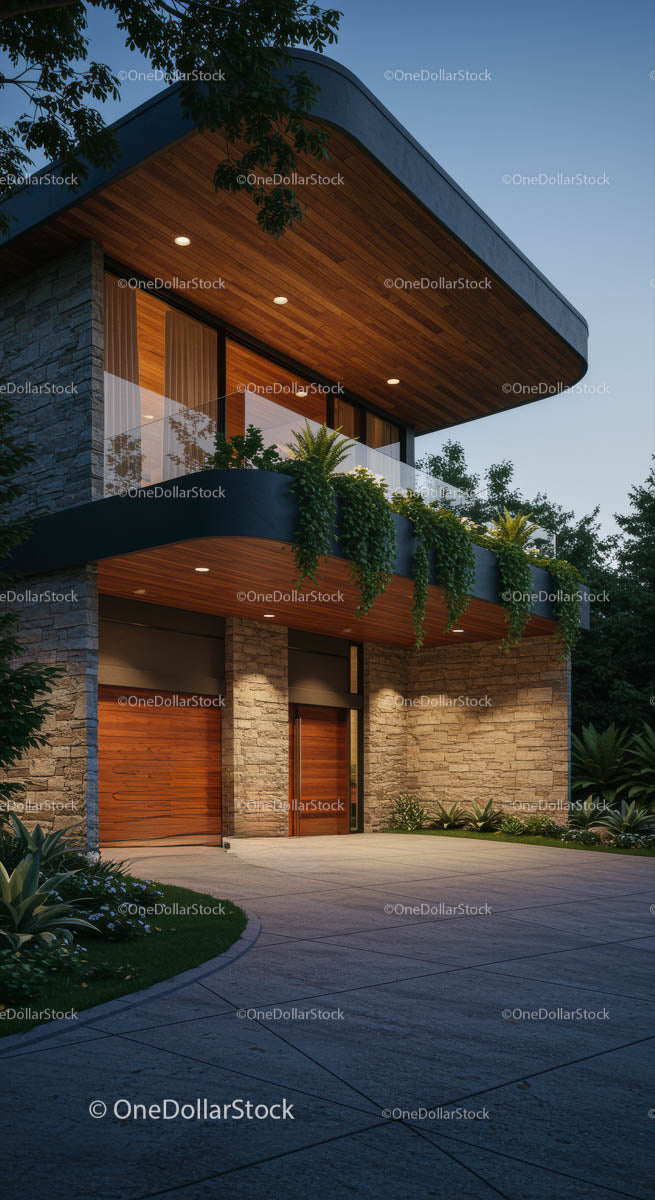 Modern Luxury House with Wooden Facade and Lush Greenery