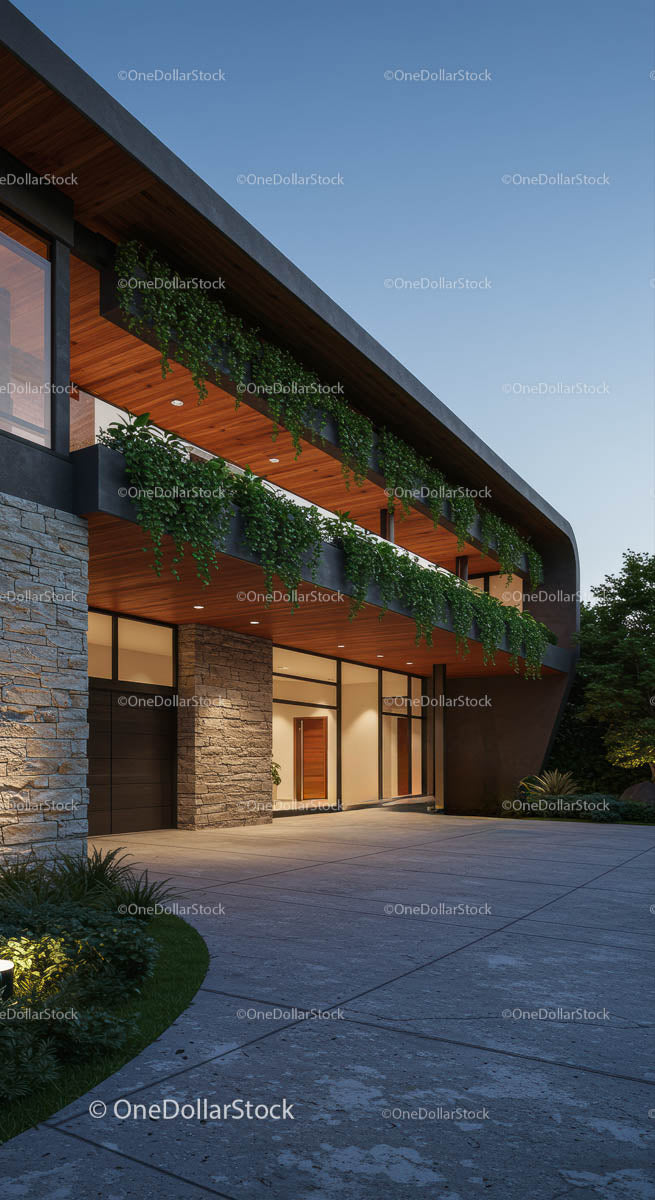 Luxury Modern House with Elegant Stone and Green Plants