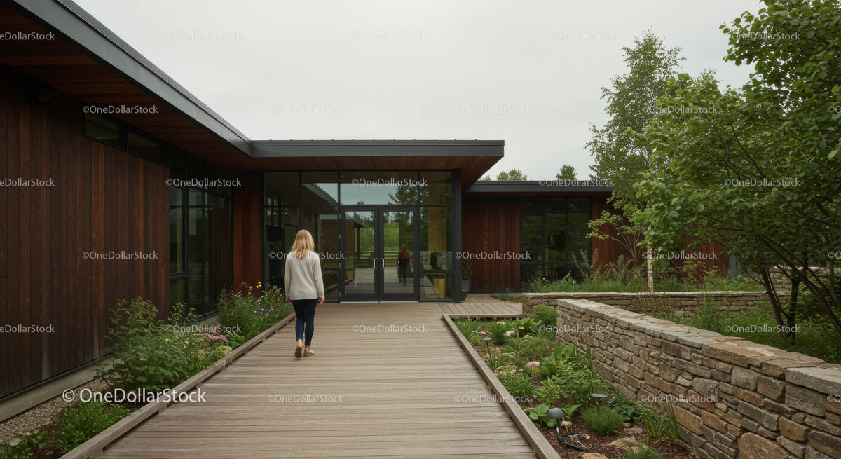 Modern Wooden Building with Garden Pathway and Glass Entrance