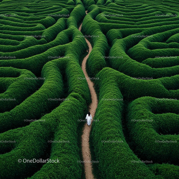 Woman Walking Through Lush Green Hedge Maze
