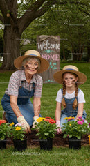 Grandmother and Granddaughter Planting Colorful Zinnias in Garden