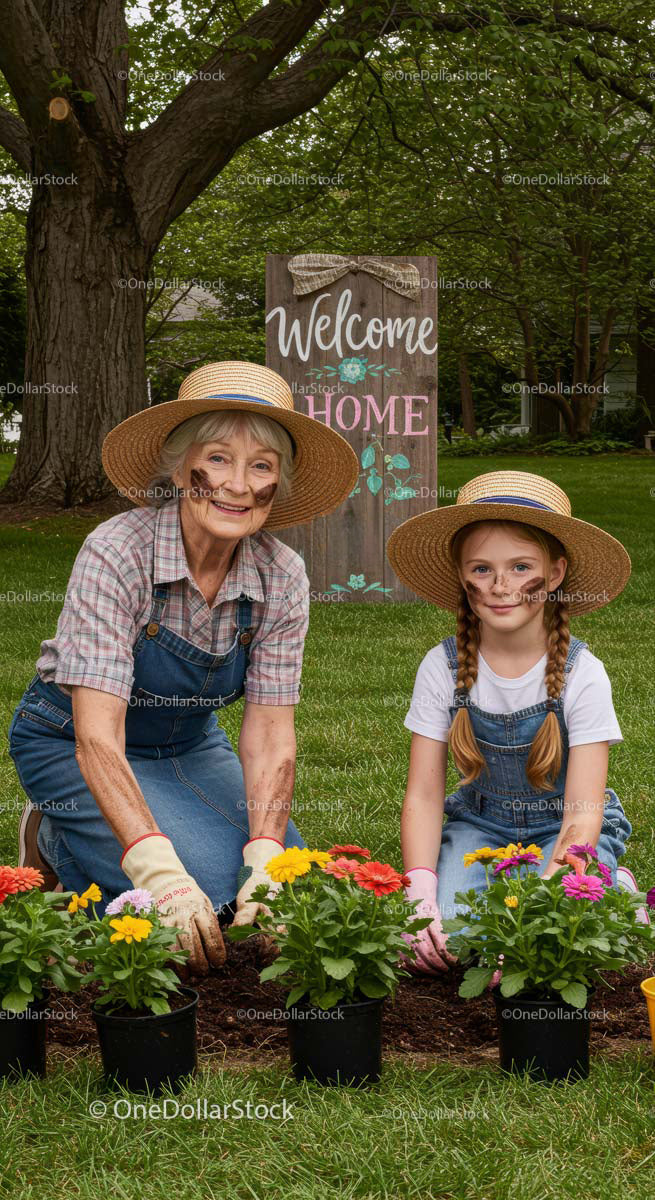 Grandmother and Granddaughter Planting Colorful Zinnias in Garden