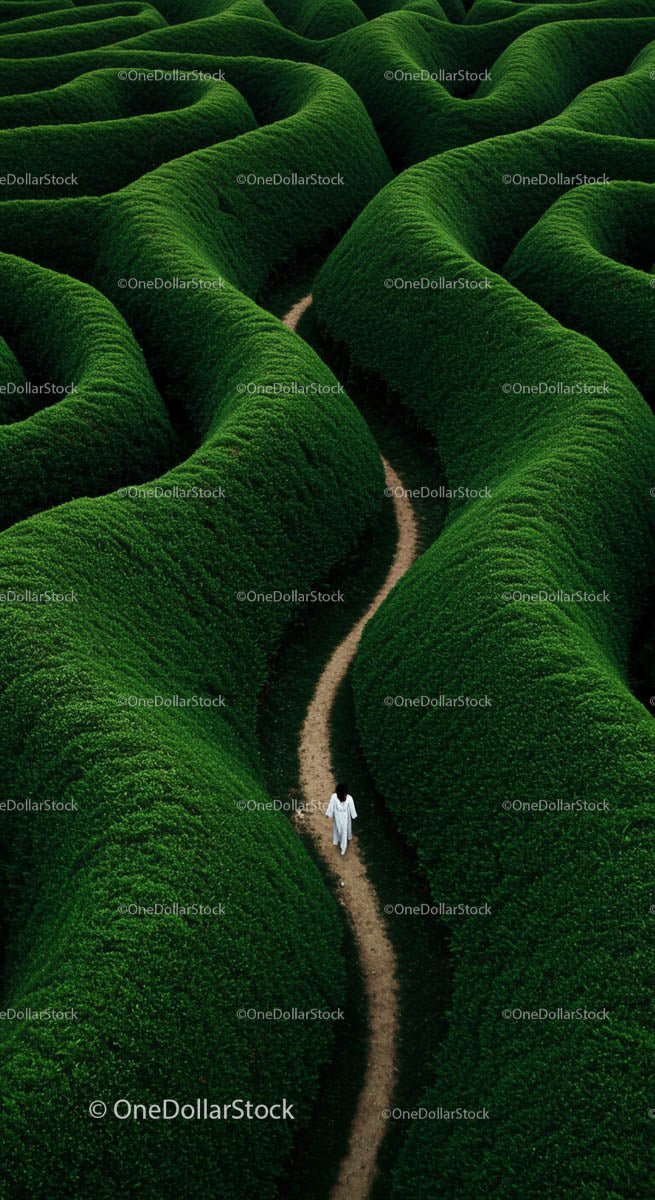 Person Walking Through Lush Green Hedge Maze