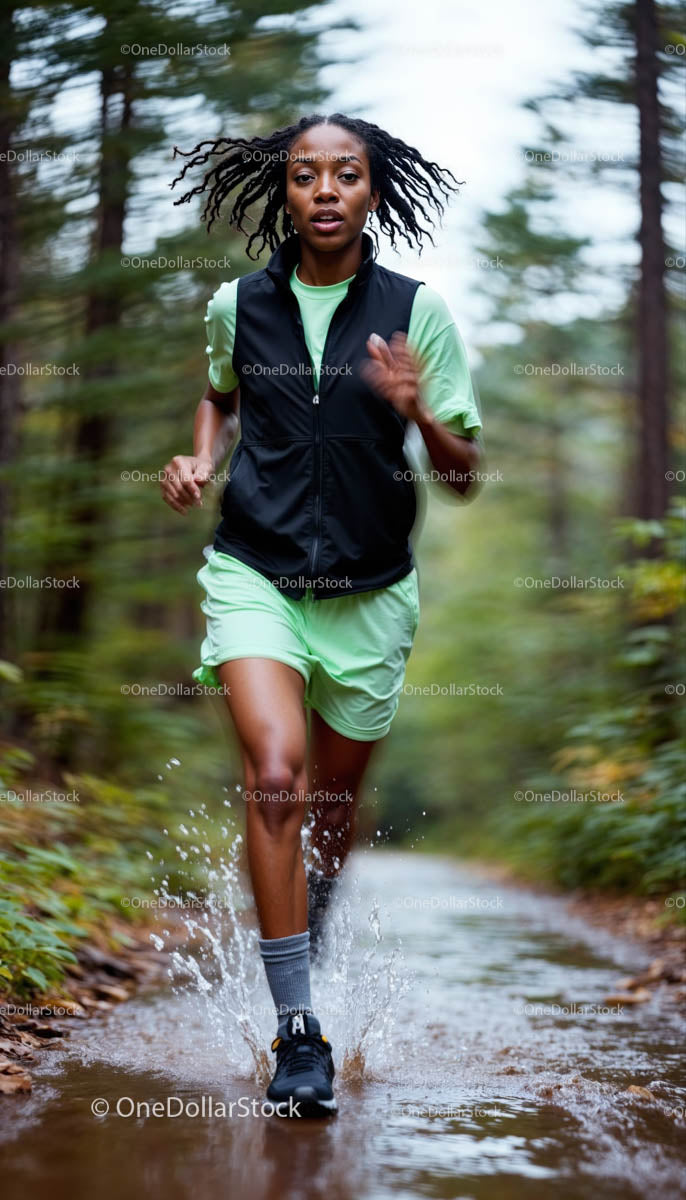 Woman Jogging on a Forest Trail in Green Outfit