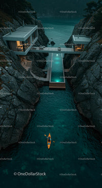 Modern Cliffside House with Pool and Kayaker Near Ocean