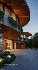 Modern Luxury Home with Wooden Facade at Dusk