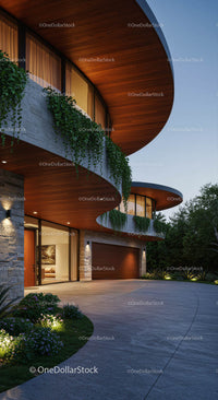 Modern Luxury Home with Wooden Facade at Dusk