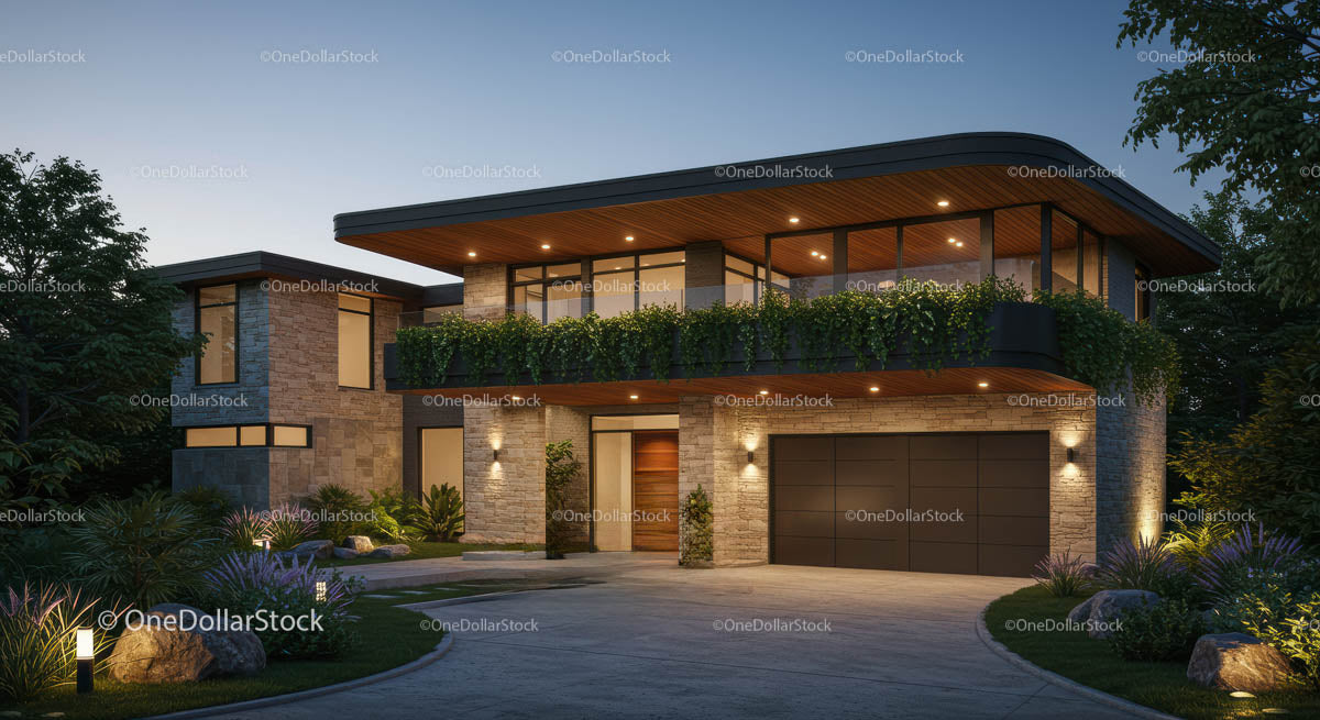 Luxury Modern Home with Evening Lights and Greenery