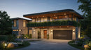 Luxury Modern Home with Evening Lights and Greenery