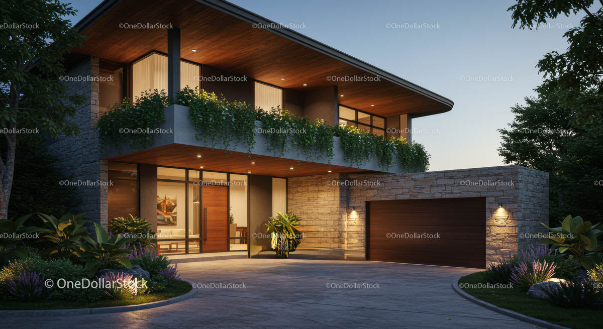 Luxury Modern Home with Stone Facade and Lush Greenery