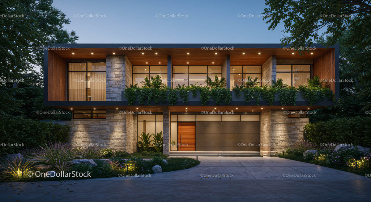 Contemporary Luxury House with Evening Lighting and Garden