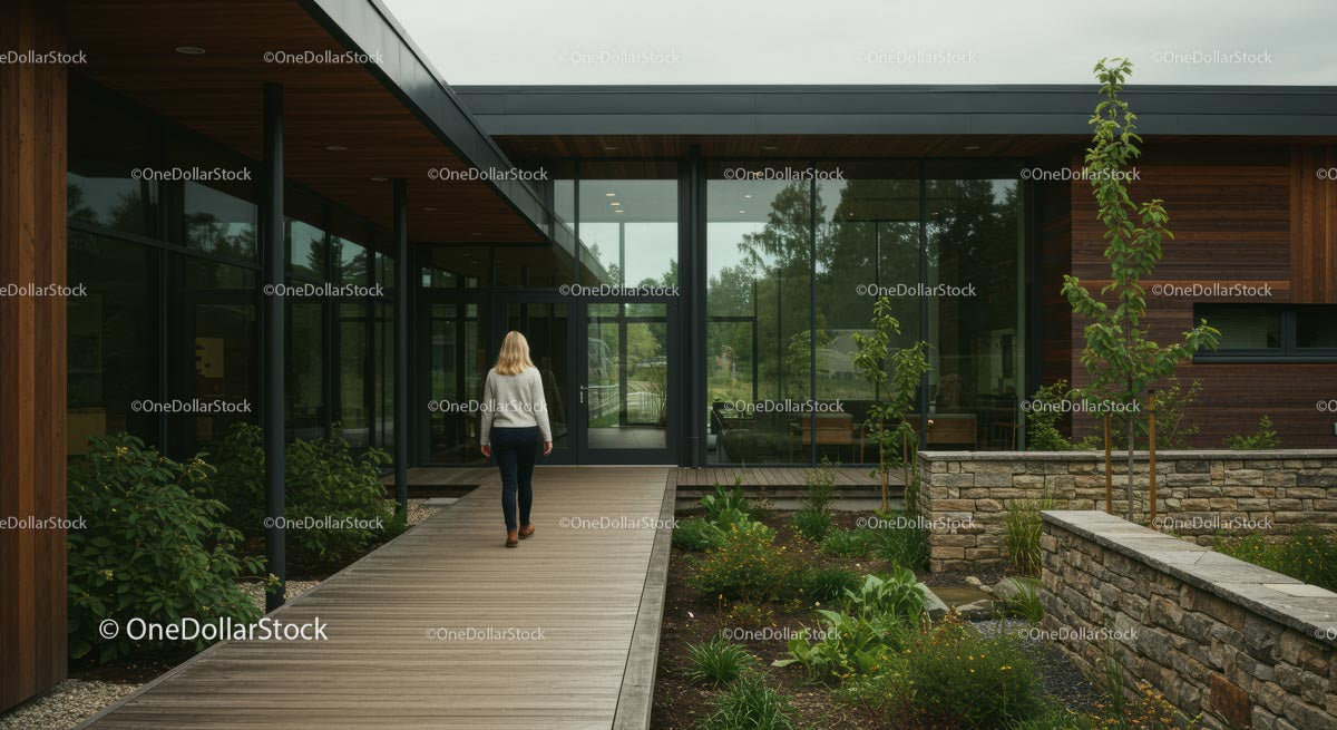 Modern Office Building with Wooden Exterior and Lush Garden