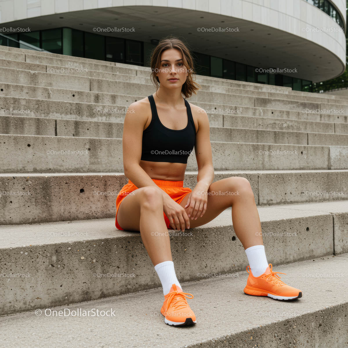 Young Woman in Sportswear Resting on Urban Steps