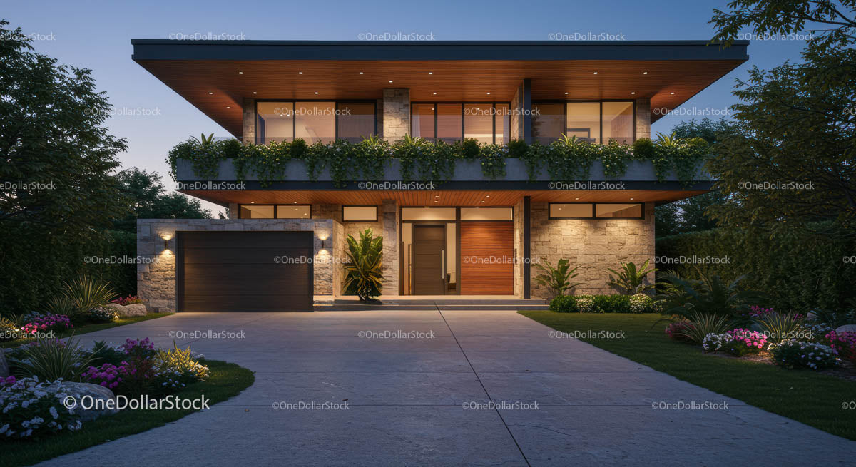 Modern Luxury Home with Evening Lighting and Lush Garden