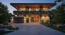 Modern Luxury Home with Evening Lighting and Lush Garden