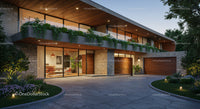 Modern Luxury Home with Lush Greenery at Dusk
