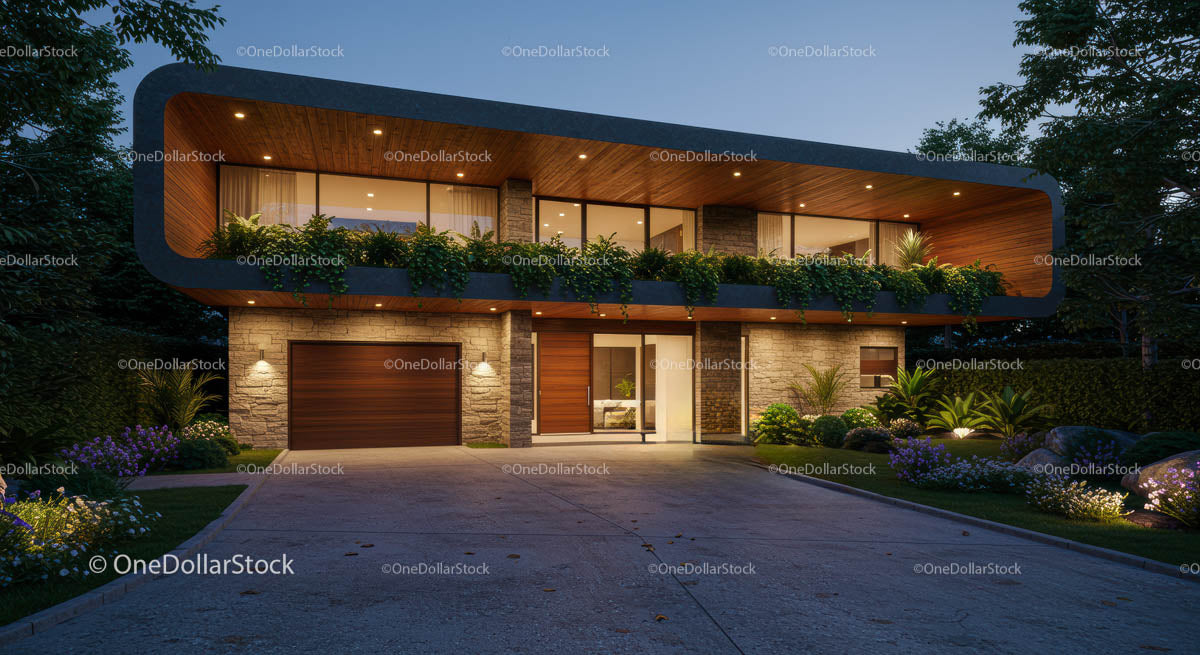 Modern Luxury Home with Lush Landscaping at Dusk