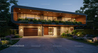Modern Luxury Home with Lush Landscaping at Dusk