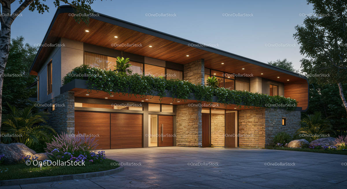 Modern Luxury House with Wooden Facade in Evening Light